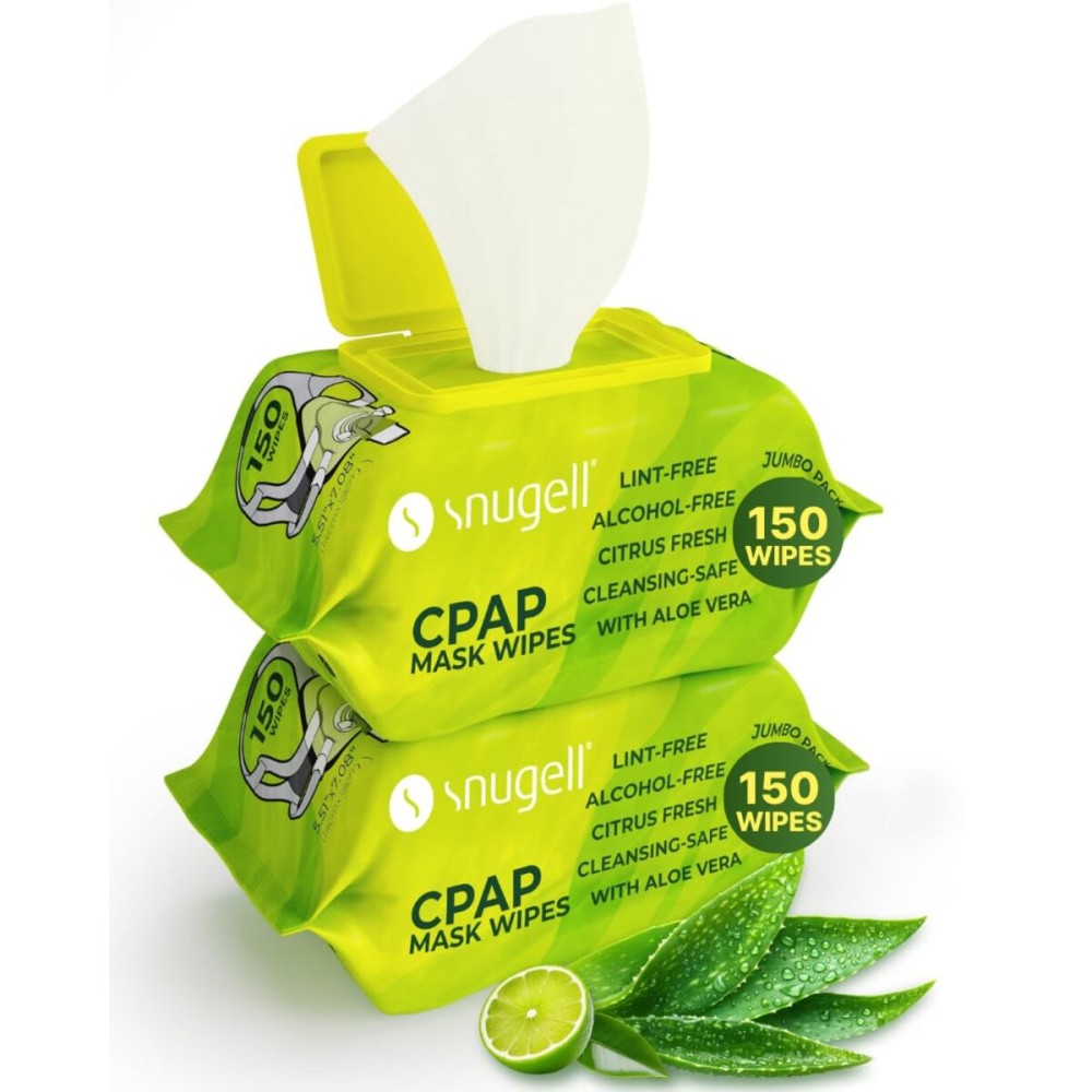 Snugell Citrus Scented Travel CPAP Mask Wipes (150 Count, 2 Pack) -100% Soft Cotton- Lint & Alcohol-Free,Skin Safe with Aloe Vera - Easy Opening CPAP Cleaner and Sanitizer for Masks, Tubes & Devices