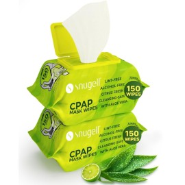 Snugell Citrus Scented Travel CPAP Mask Wipes (150 Count, 2 Pack) -100% Soft Cotton- Lint & Alcohol-Free,Skin Safe with Aloe Vera - Easy Opening CPAP Cleaner and Sanitizer for Masks, Tubes & Devices