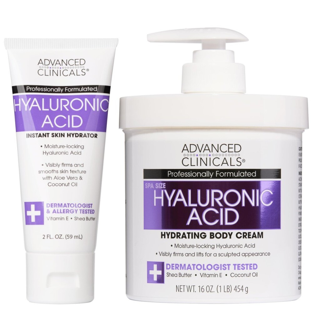 Advanced Clinicals Hyaluronic Acid Moisturizer Body Cream | Hydrating Cream & Body Lotion For Women & Men To Help Improve Look of Wrinkles, Stretch Marks, Dry Skin, & Crepey Skin, 16OZ + Travel Size