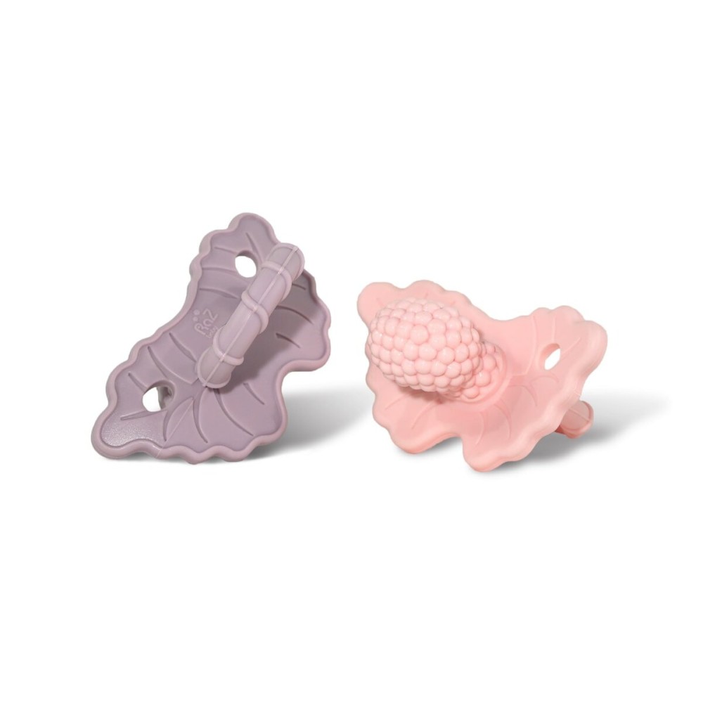 RaZbaby RaZberry Silicone Teether Pacifier - Teething Relief for Infants, Food-Grade, Hands & BPA Free, Natural Berrybumps Fruit Texture for Sensory Development, Freezable, 2-Pack - Lavender & Pink