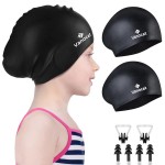 2 Pack Kids Swim Caps for Long/Short Hair, Unisex Silicone Swimming Cap for Age 3-15 Children Toddler Youth Teen, Waterproof Shower Cap Bathing Hats for Girls Boys with Ear Plugs & Nose Clip-7