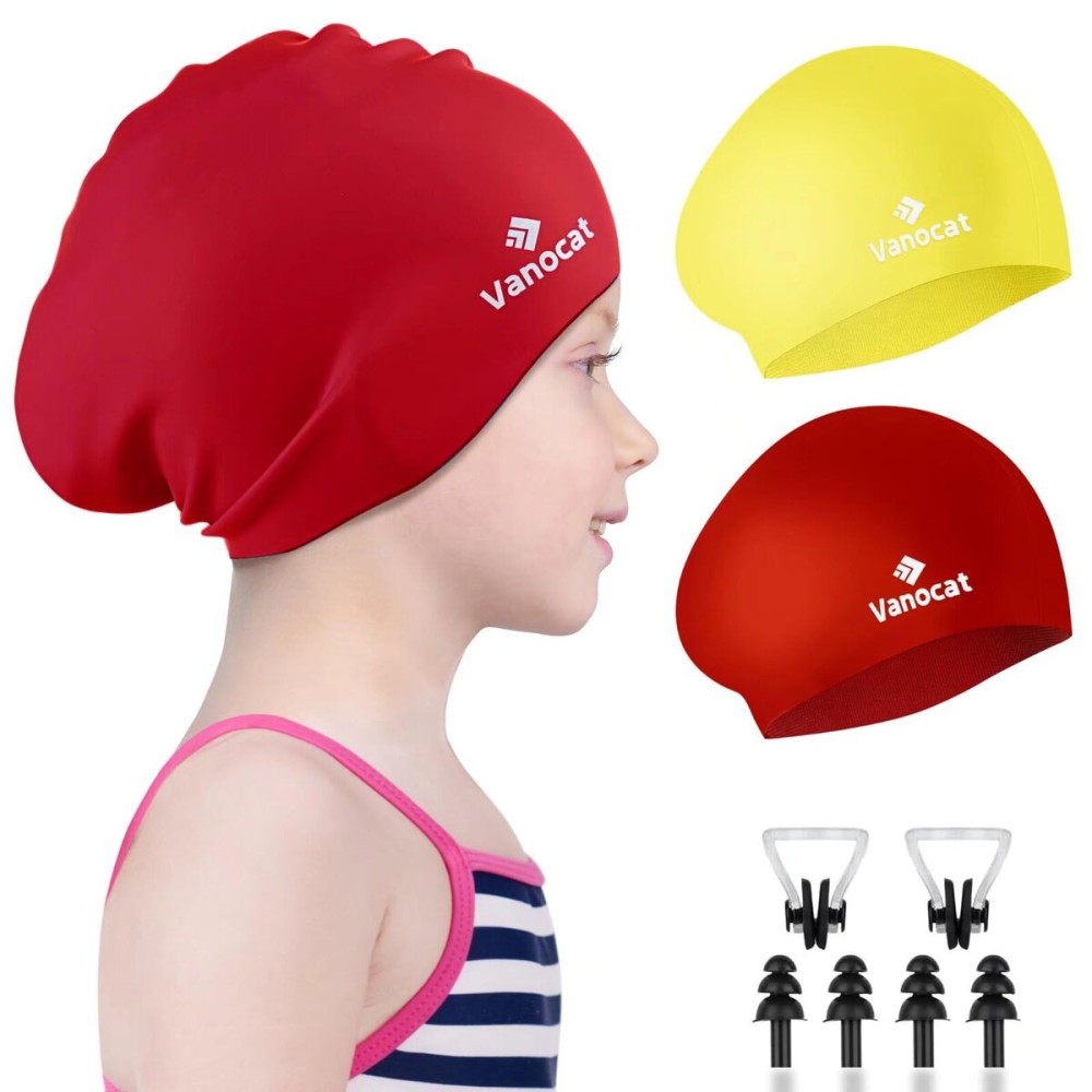 2 Pack Kids Swim Caps for Long/Short Hair, Unisex Silicone Swimming Cap for Age 3-15 Children Toddler Youth Teen, Waterproof Shower Cap Bathing Hats for Girls Boys with Ear Plugs & Nose Clip-12
