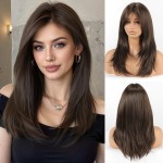 Allbell Dark Brown Wig with Curtain Bangs Medium Length Layered Hair Wig for Women Heat Resistant Synthetic Wigs for Daily Use