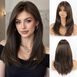 Allbell Dark Brown Wig with Curtain Bangs Medium Length Layered Hair Wig for Women Heat Resistant Synthetic Wigs for Daily Use