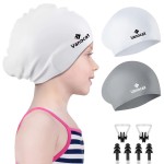 2 Pack Kids Swim Caps for Long/Short Hair, Unisex Silicone Swimming Cap for Age 3-15 Children Toddler Youth Teen, Waterproof Shower Cap Bathing Hats for Girls Boys with Ear Plugs & Nose Clip-4