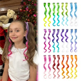 Dreamlover Mix Colored Hair Extensions for Kids, Girls Clip In Rainbow Hair Extensions, Dual-color Curly Hairpieces for Halloween, 24 Pieces