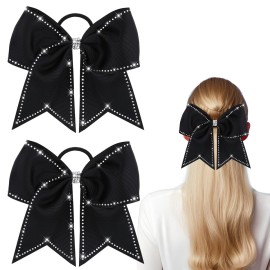 2 Packs Jumbo Cheerleading Bow 8 Inch Large Cheer Hair Bows with Ponytail Holder for Teen Girls Softball Outfit Uniform(Rhinestone Black)