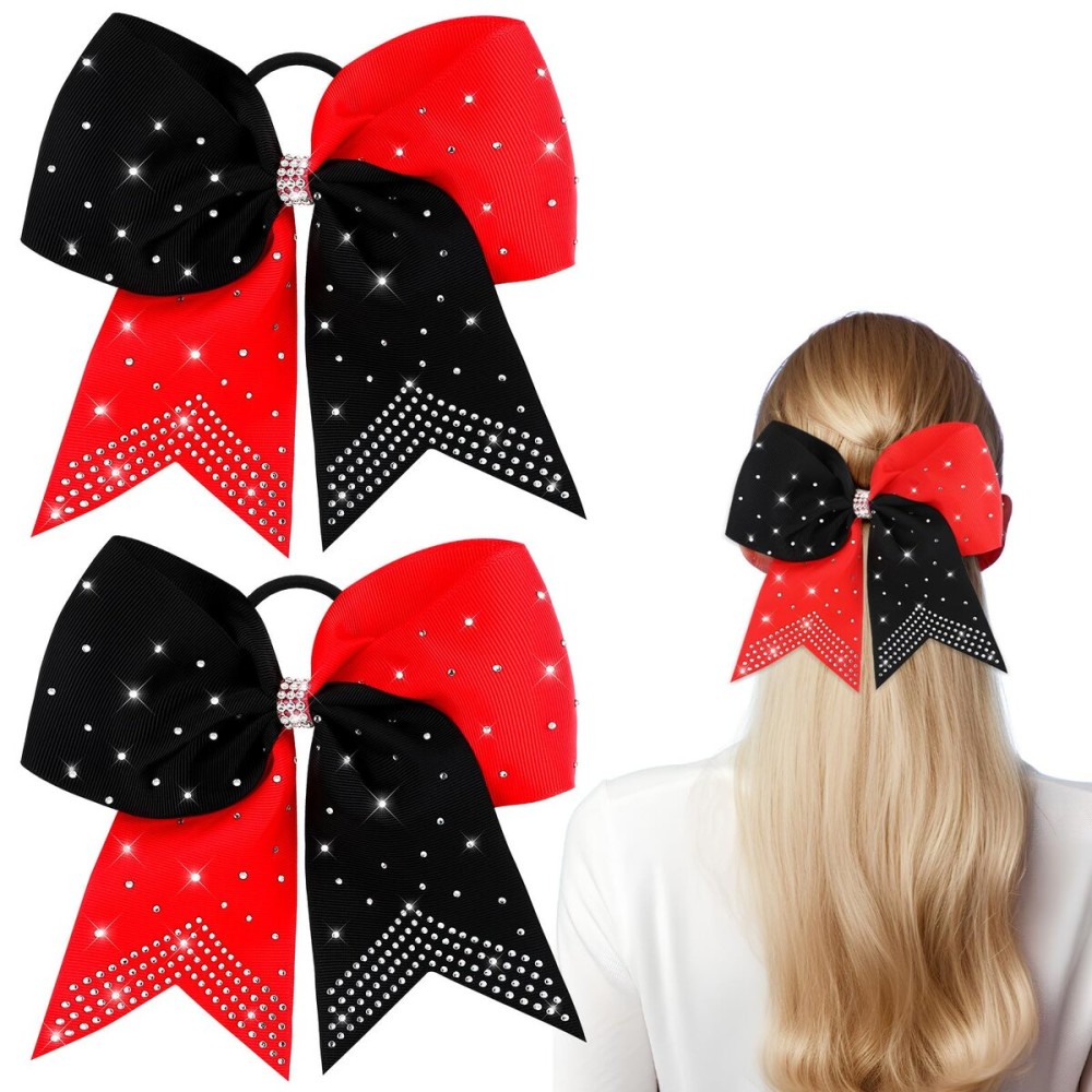 2 Packs Jumbo Cheerleading Bow 8 Inch Large Cheer Hair Bows with Ponytail Holder for Teen Girls Softball Outfit Uniform(Rhinestone Red Black)