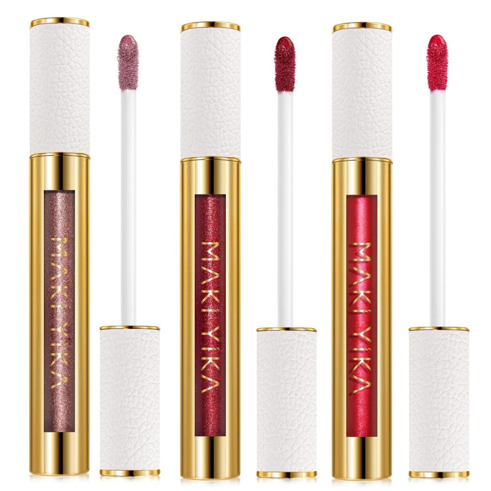 MAKI YIKA 3Pc Metallic Lipstick Long Lasting Nude Pink Red Glitter Lipsticks High Shine Lipstick No Smudge No Transfer Liquid Lip Gloss (Nude/Pink/Red)