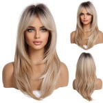 HAIRCUBE Long Blonde Wigs for Women, Layered Synthetic Hair Wig with Dark Roots for Daily Party