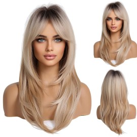HAIRCUBE Long Blonde Wigs for Women, Layered Synthetic Hair Wig with Dark Roots for Daily Party