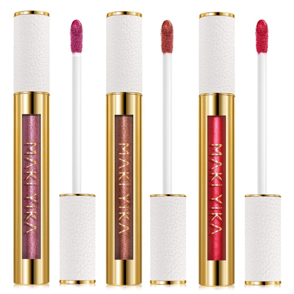 MAKI YIKA 3Pc Metallic Lipstick Long Lasting Pink Brown Red Glitter Lipsticks High Shine Lipstick No Smudge No Transfer Liquid Lip Gloss (Pink/Brown/Red)