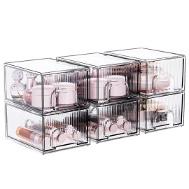 ZHIAI 6 Pack Clear Stackable Storage Drawer, Acrylic Drawer, Cosmetic Organizer, Plastic Organizer for Dresser, Under, Kitchen Cabinet, Pantry, Home Organization and Storage