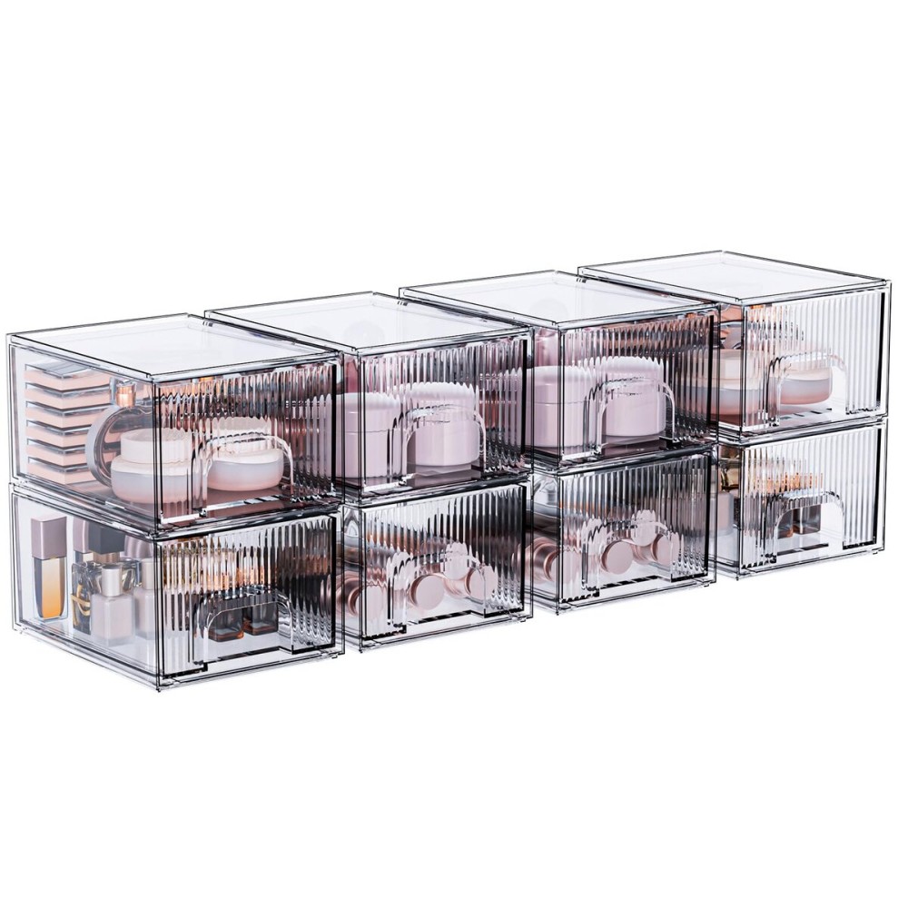 ZHIAI 8 Pack Clear Stackable Storage Drawer, Acrylic Drawer, Cosmetic Organizer, Plastic Organizer for Dresser, Under, Kitchen Cabinet, Pantry, Home Organization and Storage