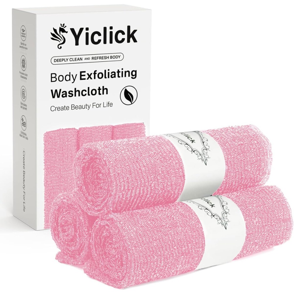Yiclick Exfoliating Washcloth Towel, Japanese Exfoliating Bath Wash Cloth for Body Exfoliation, Korean Back Scrubber Washer for Shower, African Net Sponge Brush Loofah Exfoliator (Pink)