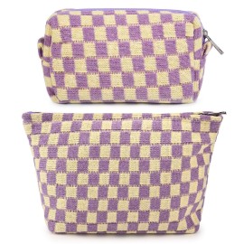 SOIDRAM 2 Pcs Checkered Makeup Bag Large Cosmetic Bag Toiletry Bag Makeup Pouch Travel Bag Organizer Cute Makeup Brushes Aesthetic Accessories Storage Bag for Women Purple