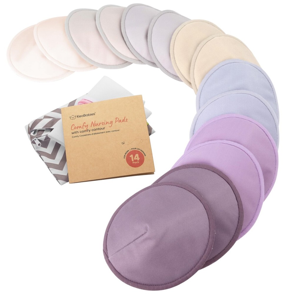 Organic Nursing Pads - 14 Washable Breast Pads for Breastfeeding, Wash Bag, Viscose Derived from Bamboo Reusable Nipple Covers for Breastfeeding Essentials, Soft & Absorbent (Violet, L 4.8)