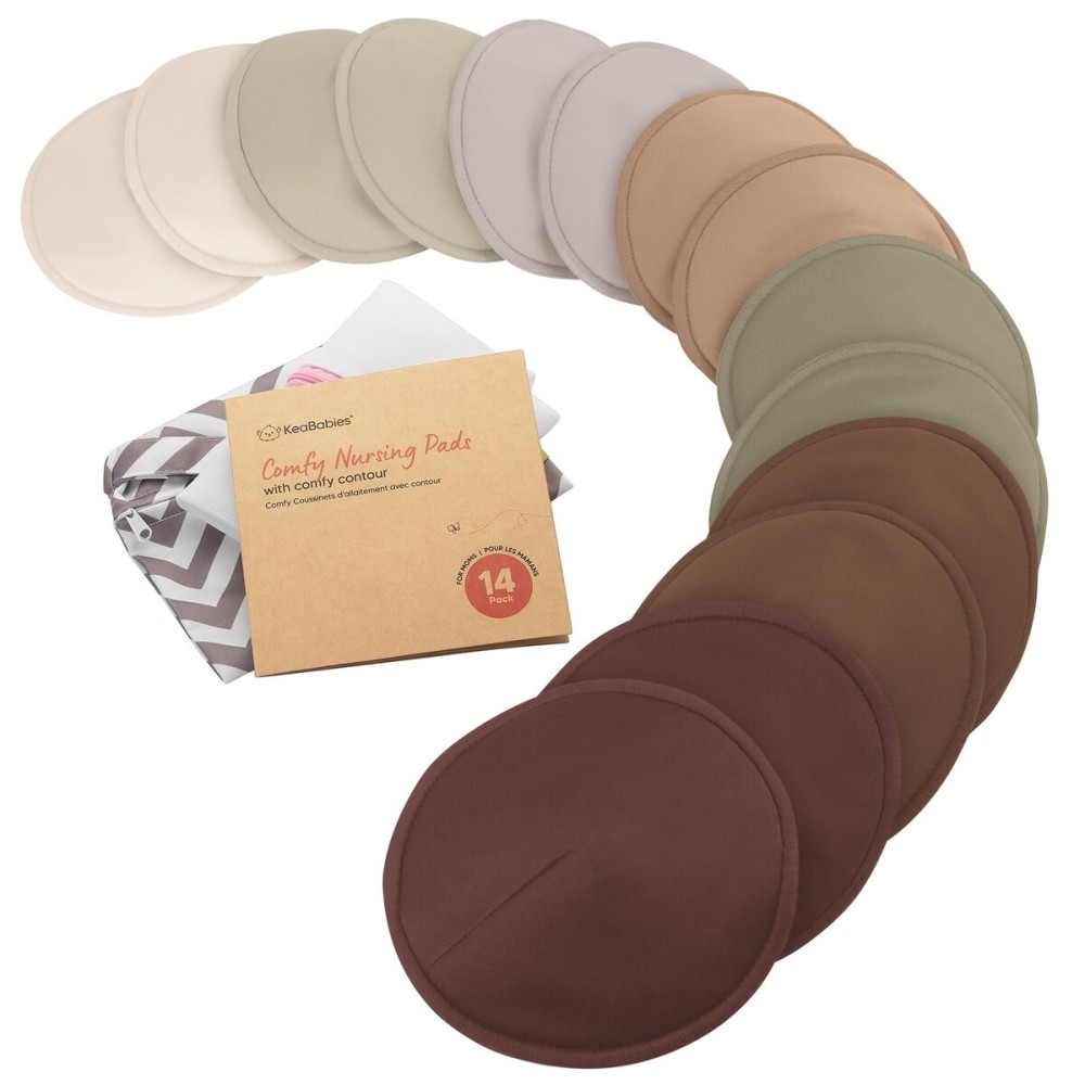 Organic Nursing Pads - 14 Washable Breast Pads for Breastfeeding, Wash Bag, Viscose Derived from Bamboo Reusable Nipple Covers for Breastfeeding Essentials, Soft & Absorbent (Sable, L 4.8)