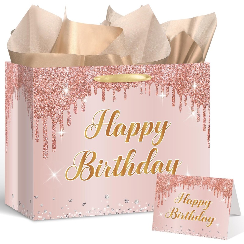 Yoirrat Rose Gold Birthday Gift Bag for Women Girls Large Pink Happy Birthday Gift Bag with Wrapping Paper and Card for Women Girls Bday Decorations Party Supplies