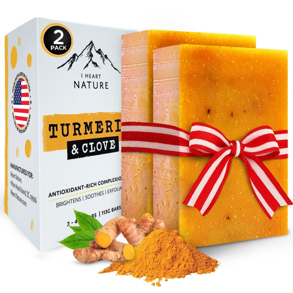 iHeart Nature Turmeric Bar Soap (2-Pack) - Face & Body Cleanser for Dark Spots - Clove Essential Oil, Creamy Aromatic Lather