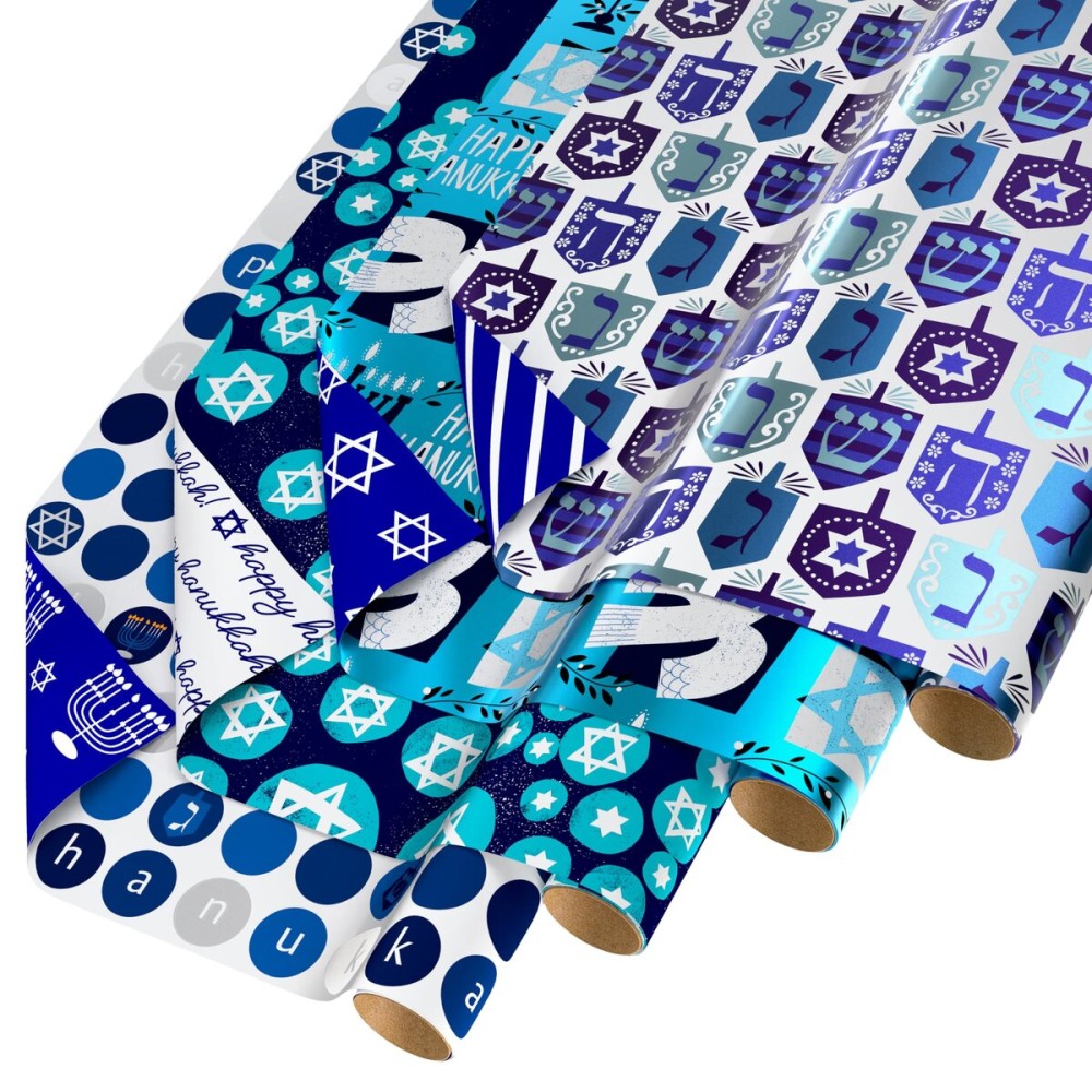 American Greetings Reversible Hanukkah Wrapping Paper Rolls, Blue and Silver Holiday Gift Wrap (120 sq. ft., 4 Rolls-30 in. x 12 ft.) Dreidel, Menorah, Star of David
