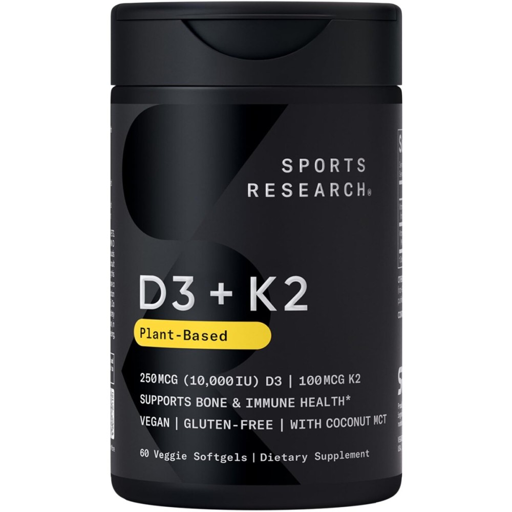 Sports Research Vitamin D3 + K2 w/Coconut Oil - Vegan Vitamin D 10,000iu & Mk7 Vitamin K 100mcg for Bone & Immune Support - Vegan Certified  Non-GMO  Soy Free - 60 Softgels