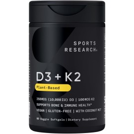 Sports Research Vitamin D3 + K2 w/Coconut Oil - Vegan Vitamin D 10,000iu & Mk7 Vitamin K 100mcg for Bone & Immune Support - Vegan Certified  Non-GMO  Soy Free - 60 Softgels