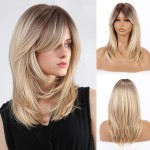 Allbell Mixed Blonde Wig with Curtain Bangs Medium Length Layered Hair Wig for Women Heat Resistant Synthetic Wigs for Daily Use