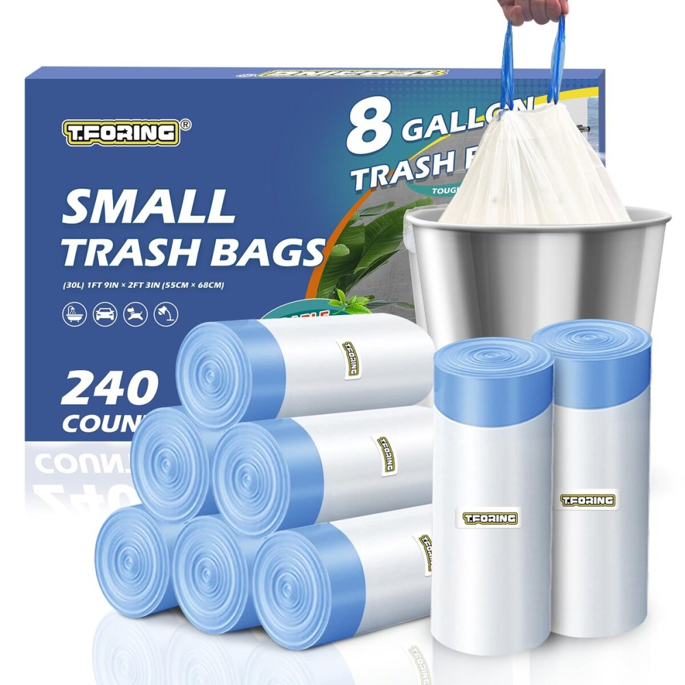 240 Count 8 Gallon Trash Bags Drawstring - 1.2 Mil White Medium Garbage Bags Unscented, 30 Liter Thick Plastic Trash Can Liners for Home Kitchen Bathroom