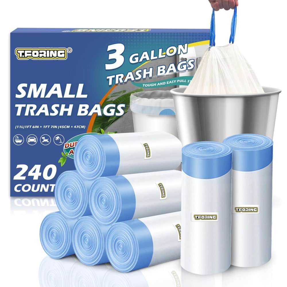 240 Count 3 Gallon Trash Bags Drawstring - 12 Liter Small Garbage Bags for Bathroom, 0.96 Mil Strong White Unscented Plastic Wastebasket Bin Liners for Toilet Office and Bedroom
