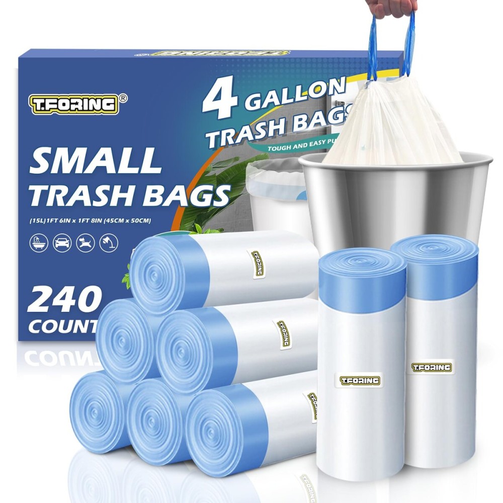 240 Count 4 Gallon Small Trash Bags Drawstring 1.1 Mil - White Garbage Bags Unscented for Bathroom, 15 Liter Thick Plastic Wastebasket Liners for Toilet Home Office and Bedroom