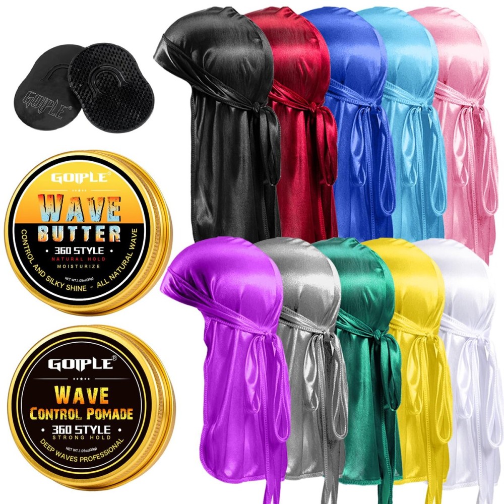 Silky Durags for Men Wave Pomade Strong Hold Easy Wash 360 Wave Training Hair Cream, Wave Butter Waves Grease for Men Promotes Layered Waves Silky Satin Durag Extra Long Tails Wave Brush Wave Cap Set