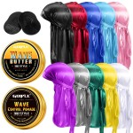 Silky Durags for Men Wave Pomade Strong Hold Easy Wash 360 Wave Training Hair Cream, Wave Butter Waves Grease for Men Promotes Layered Waves Silky Satin Durag Extra Long Tails Wave Brush Wave Cap Set