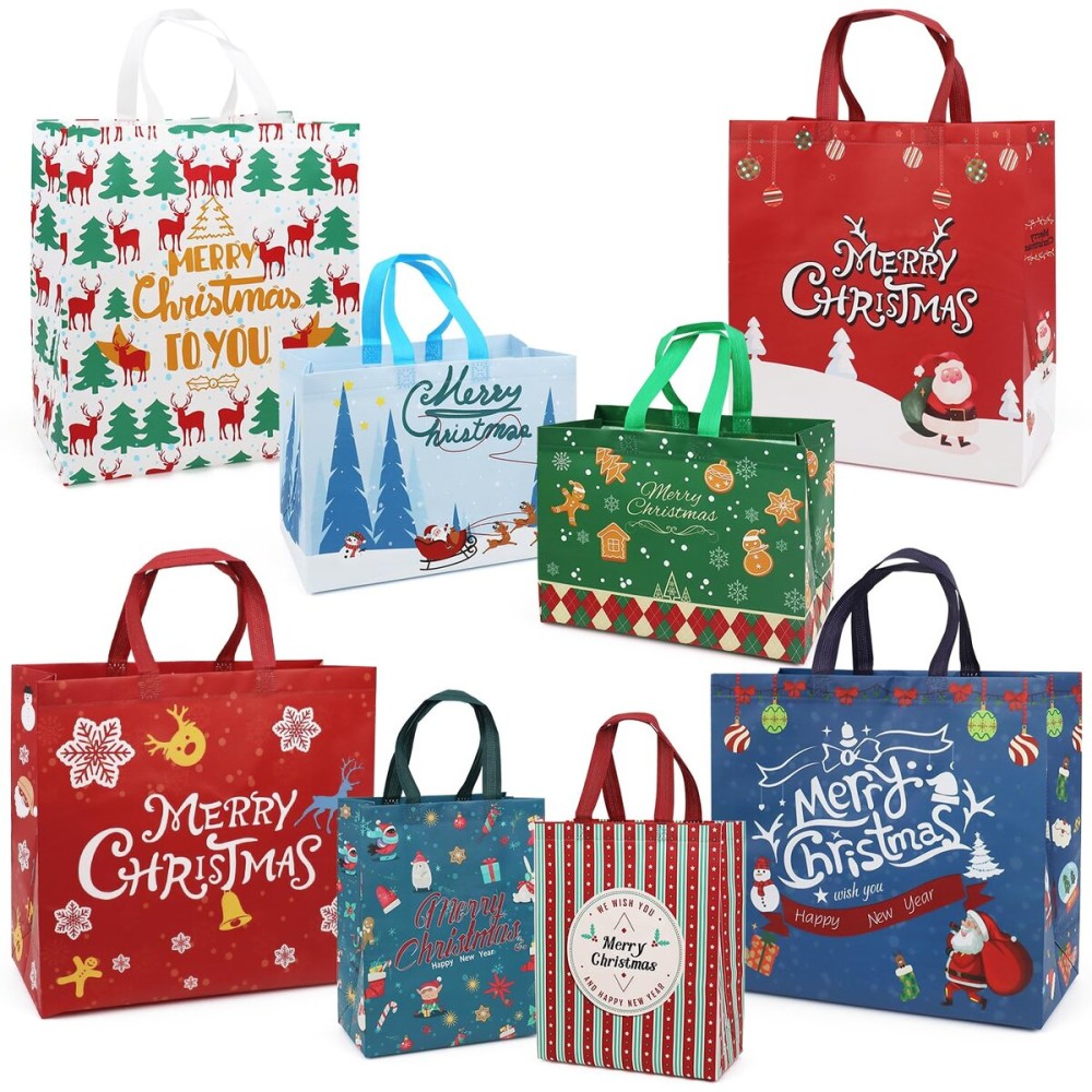 PARSUP 16PCS Christmas Gift Bags with Handles, Assorted Sizes Tote for Treat, Non-Woven Christmas Bags for Gift Wrapping, Xmas Party Supplies