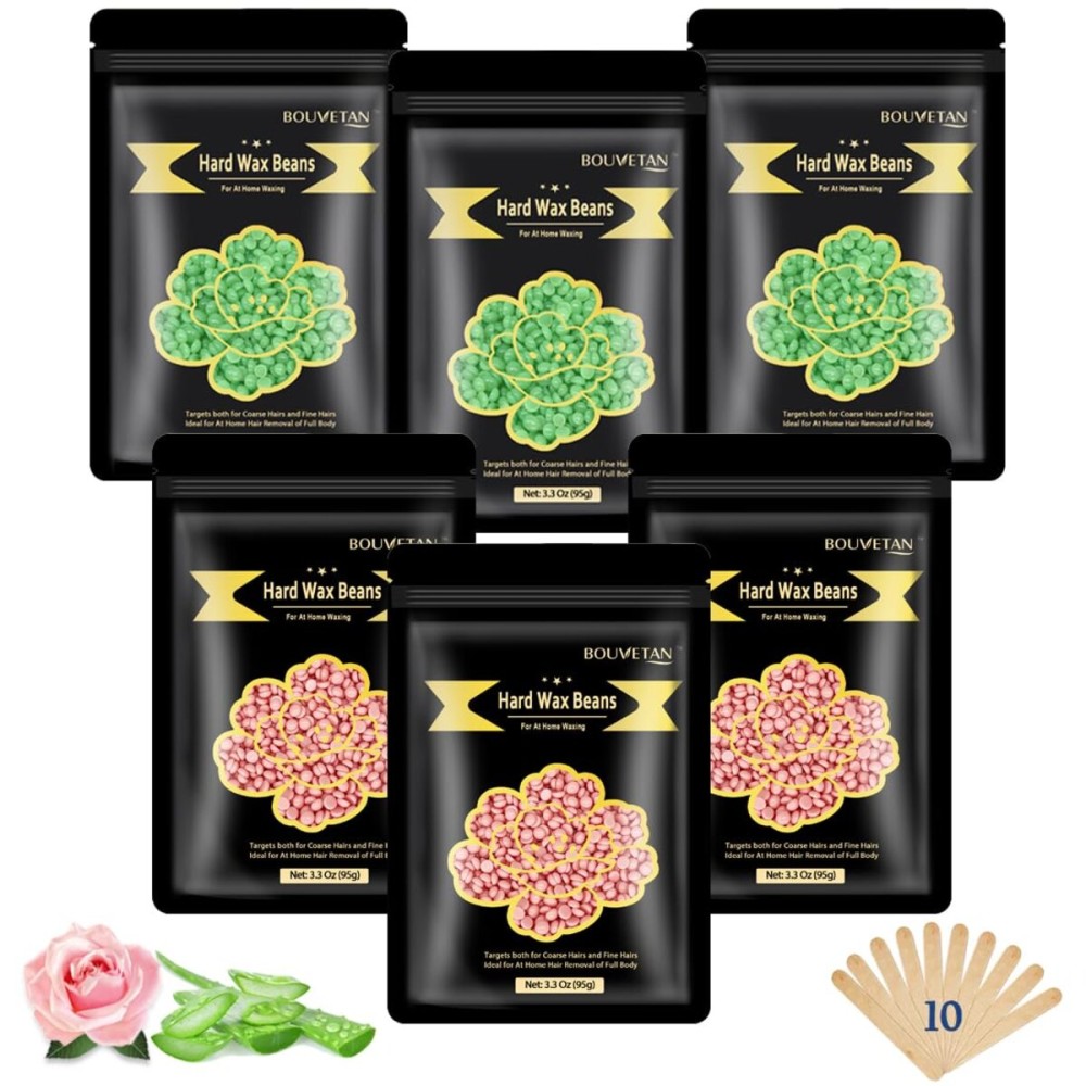 Wax Beads for Hair Removal, Bouvetan 1.3Lb/21oz Hard Wax Beans for Brazilian Waxing, Hard Wax for Eyebrow, Face, Bikini, Legs, Arms for Women Men Hair Removal with 10pcs Spatulas, 6 Packs