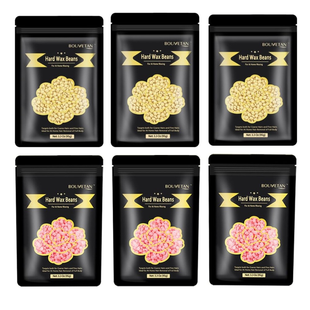 Wax Beads for Hair Removal, Bouvetan 1.3Lb/21oz Hard Wax Beans for Brazilian Waxing, Hard Wax for Eyebrow, Face, Bikini, Legs, Body for Women Men Hair Removal with 10pcs Sticks, 6 Packs
