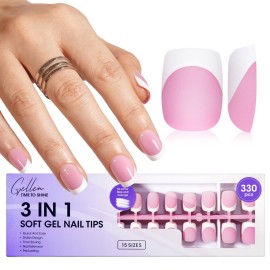 Gellen Gel Nails Tips - 330 pcs Pink French Tip Press on Nails, Short Square Gel Nail Tips Soft, 3 in 1 Pre-lasting Fake Nail No Need to File, Soft Fake Nail Tip for Nail Art