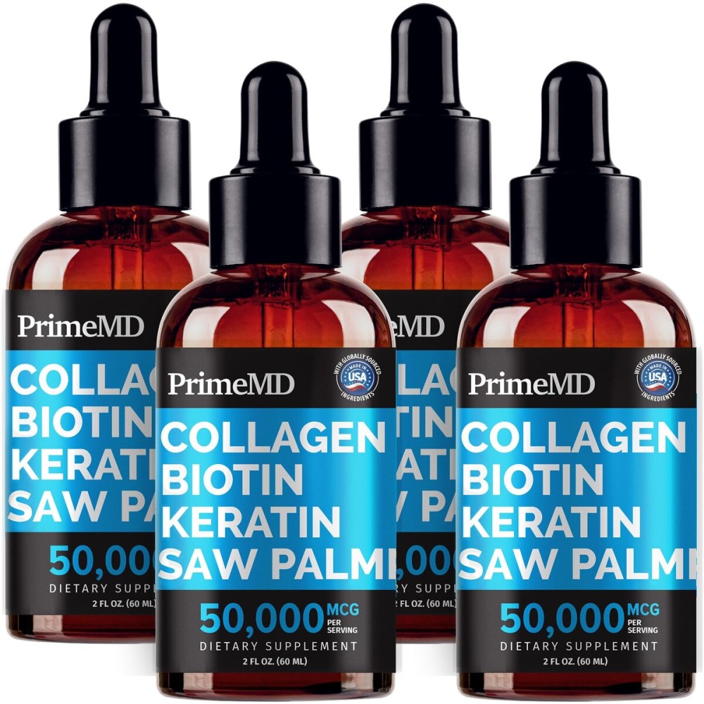 Liquid Collagen Peptides for Women - Serum Complex with Biotin Vitamin, Hydrolyzed Keratin Protein and Saw Palmetto - Comprehensive Formula for Hair, Skin, and Nails Wellness - 2fl oz (Pack of 4)