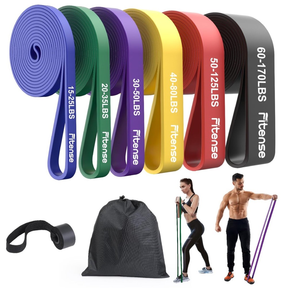 Fitense Resistance Bands Set - Pull Up Bands with 6 Resistance Levels 15-170 LBS for Men Women, Exercise Bands with Door Anchor, Training Poster & Pouch for Body Stretching, Pull Up Assist