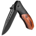 KEXMO Pocket Knife for Men - 2.98 Sharp Blade Wood Handle Pocket Folding Knives with Clip, Glass Breaker - Small EDC Knives for Survival Camping Hunting Fishing Hiking Women, Black