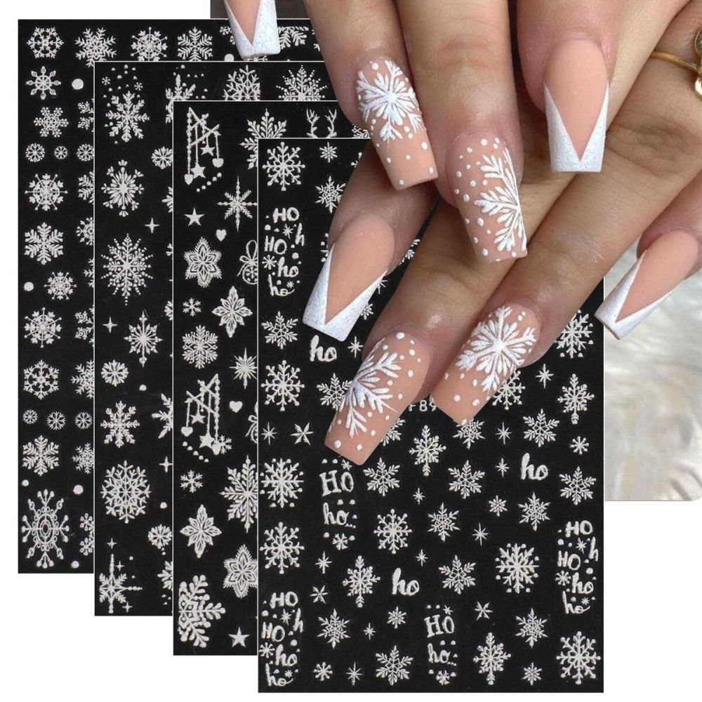JMEOWIO 8 Sheets Christmas White Glitter Gold Nail Art Stickers Decals Self-Adhesive Snowflake Winter Holiday Nail Supplies Nail Art Design Decoration Accessories