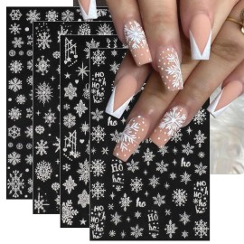 JMEOWIO 8 Sheets Christmas White Glitter Gold Nail Art Stickers Decals Self-Adhesive Snowflake Winter Holiday Nail Supplies Nail Art Design Decoration Accessories