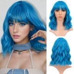 VCKOVCKO Short Bob Wigs Lake blue Wavy Wig With Air Bangs Women\'s Shoulder Length Curly Wavy Synthetic Cosplay Pastel Bob Wig for Girl (12, Lake blue)