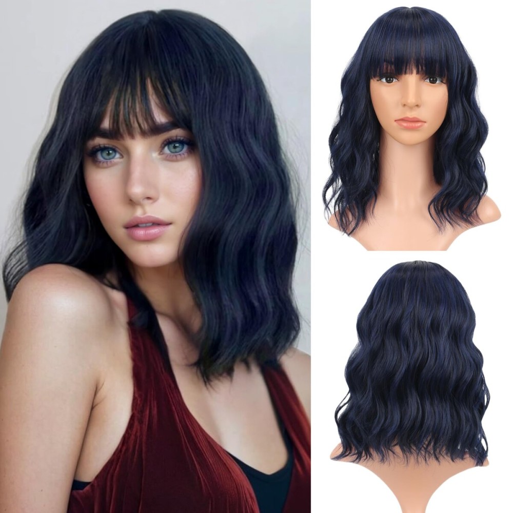 VCKOVCKO Short Bob Wigs Black mix Royal blue Wavy Wig With Air Bangs Women\'s Shoulder Length Curly Wavy Synthetic Cosplay Pastel Bob Wig for Girl (12, Black mix Royal blue)