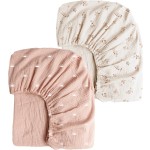 Konssy Muslin Crib Sheets for Girl Boy, 2 PCS Soft and Breathable Cotton Baby Sheets for Standard Crib Mattress, 52x 28 (Pink Sun,Khaki Leaf)