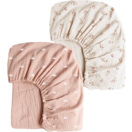 Konssy Muslin Crib Sheets for Girl Boy, 2 PCS Soft and Breathable Cotton Baby Sheets for Standard Crib Mattress, 52x 28 (Pink Sun,Khaki Leaf)
