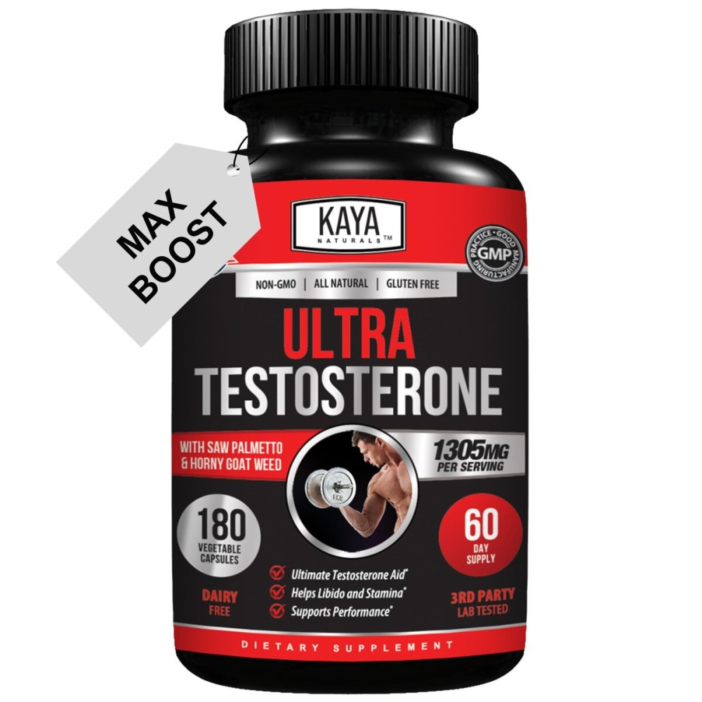 Kaya Naturals UltraTest- Men\'s T Booster with Tongkat Ali, Horny Goat Weed, Tribulus - Natural Workout Supplement for Energy, Stamina, and Strength Booster - 180 Count