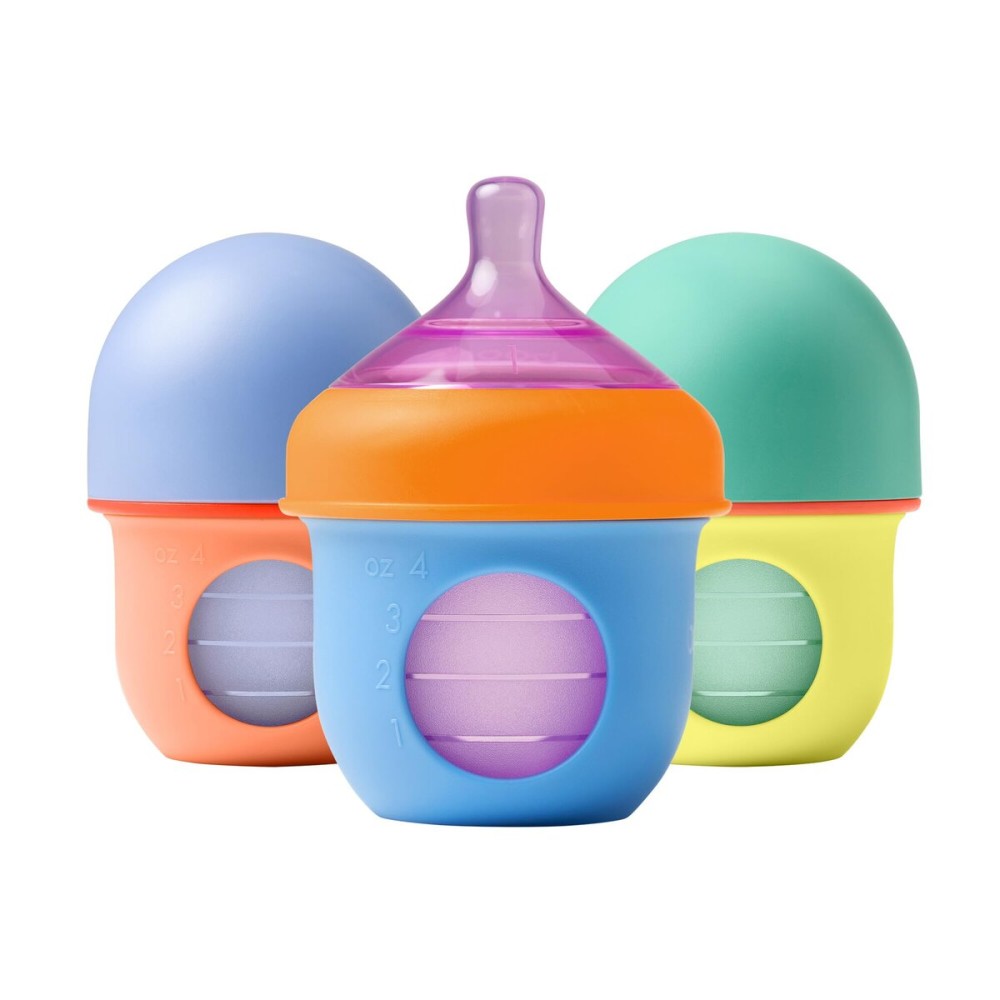 Boon Nursh Reusable Silicone Pouch Baby Bottles - Slow Flow Nipple - Silicone Baby Bottle Pouch and Nipple - Baby Feeding Essentials - Color Block - 0-3 Months - 3 Count - 4 Ounce