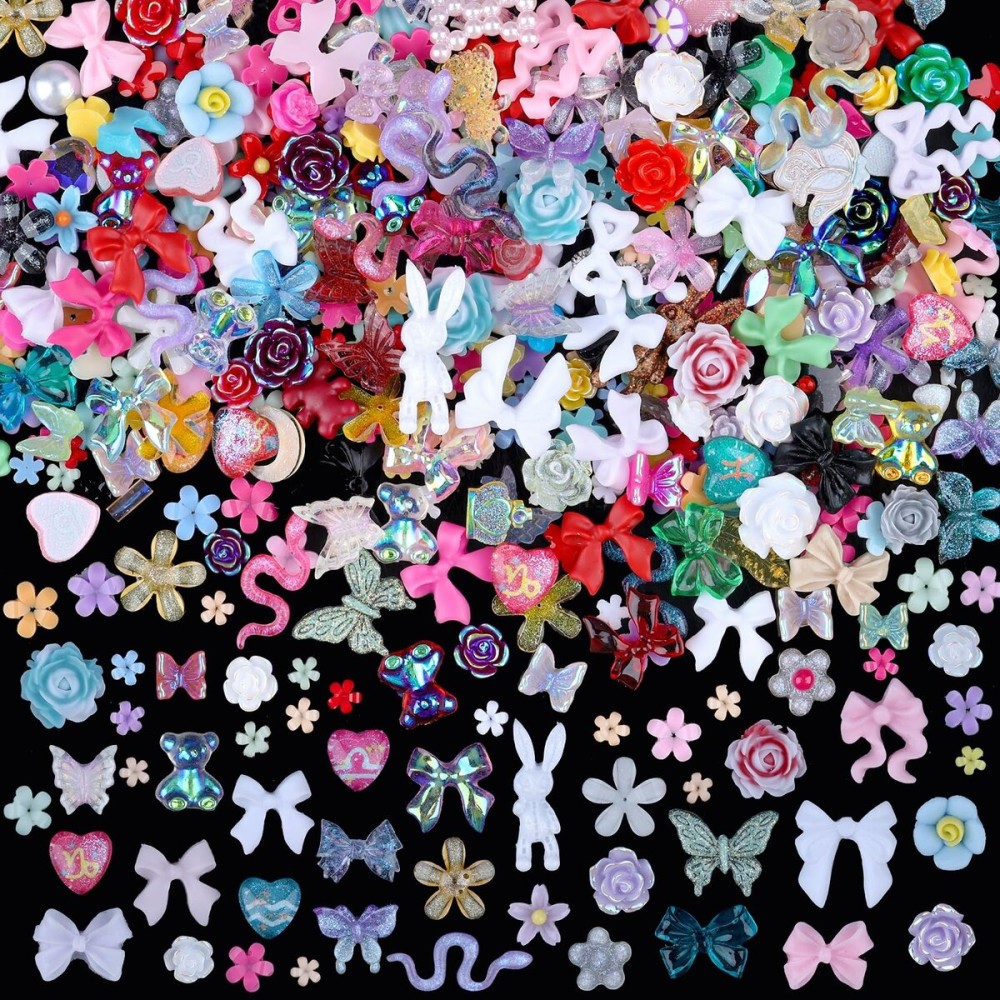 Sinyanail 300 Pieces 3D Mix Assorted Resin Nail Charms Hollow Pearl Heart Nail Art Charms Gems Gummy Bear Star Heart Flowers Acrylic Beads