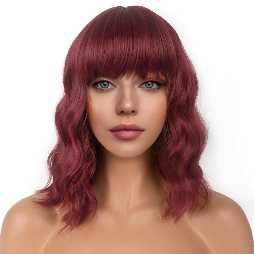 LANCAINI Short Bob Wigs with Bangs for Women Loose Wavy Wig Curly Wavy Shoulder Length Bob Synthetic Cosplay Wig for Girl Colorful Costume Wigs (Auburn)